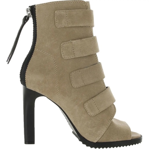DKNY Blake Suede booties Velcro Strappy heel taupe black size 6.5 shoe sandal - Picture 2 of 12